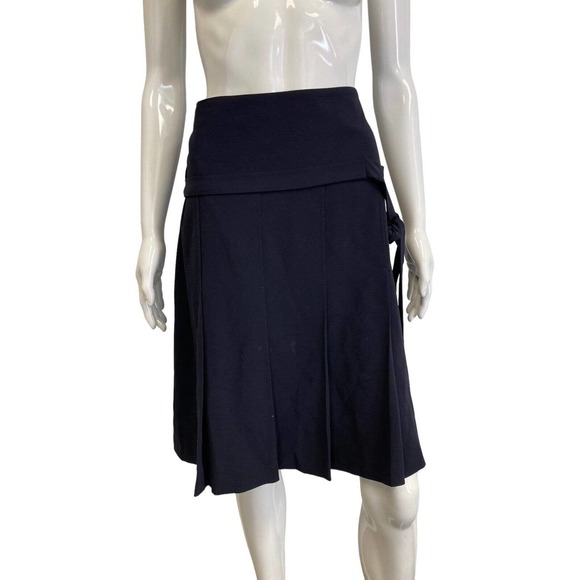 BURBERRY London Navy Blue Knee Length Pleated Tie Accent Skirt Size US 12 - Picture 1 of 4
